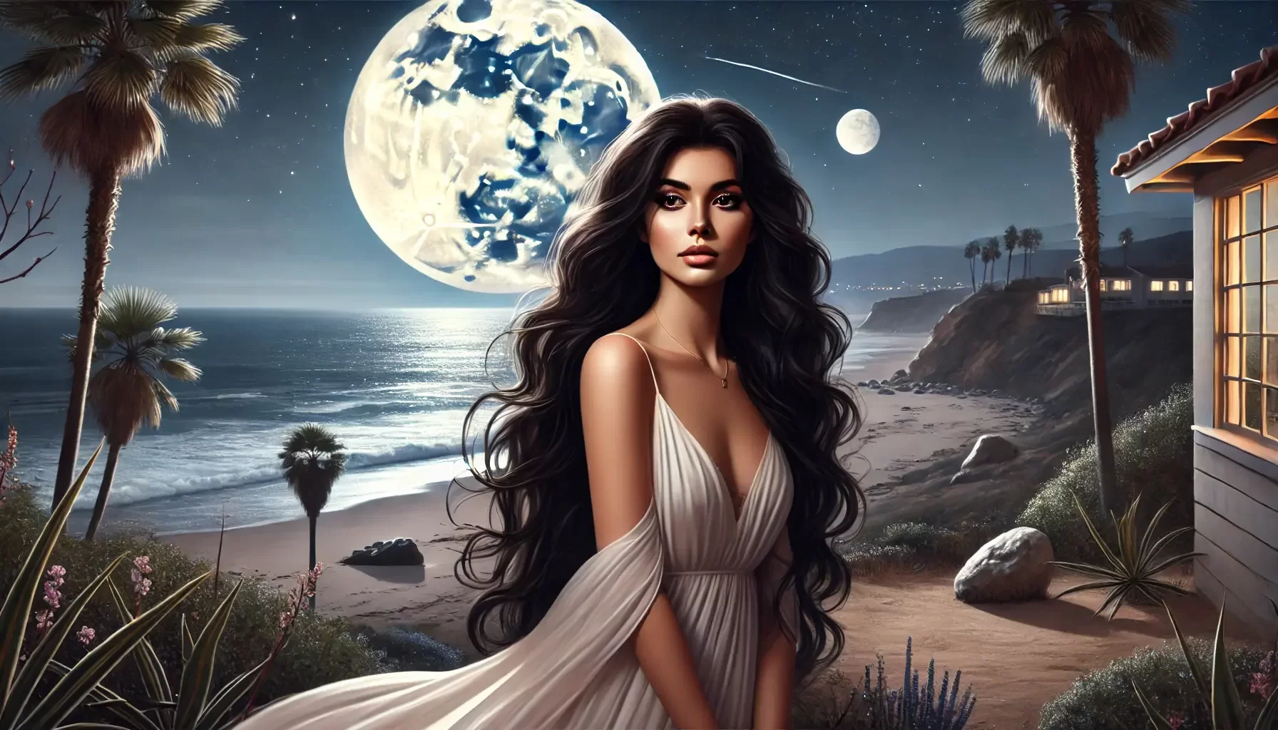 Beautiful woman in front of a full moon